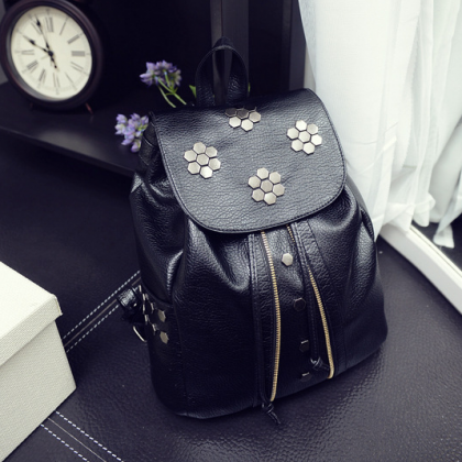 Casual Faux Leather Rucksack, Backpack With Metal..