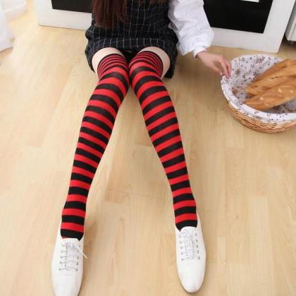New Striped Thigh High Socks - Red ..