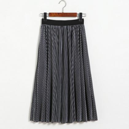 Women Stripe High Waist Pleated Skirt - Dark Grey