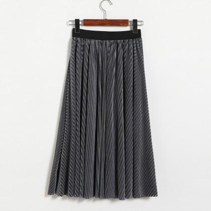 Women Stripe High Waist Pleated Skirt - Dark Grey