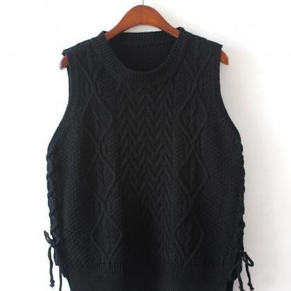 Design Women Short Pullover Knit Vest Tops - Black