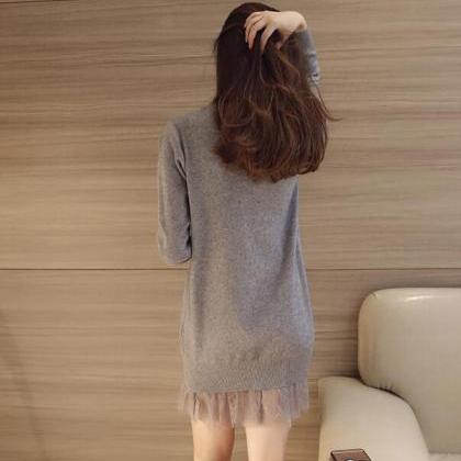 Women Long Sleeve Winter Lace Sweater Dress - Grey