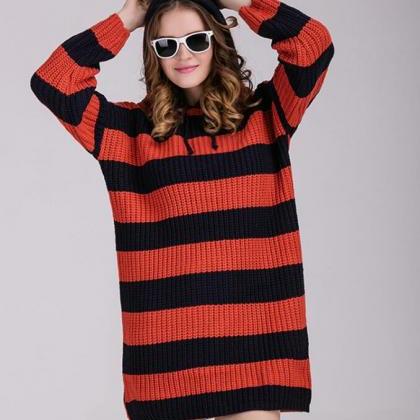 Fashion Women Casual Loose Stripe Sweater Knitwear..