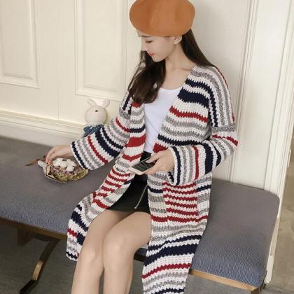 Stripe Knitted Long Cardigan - Red
