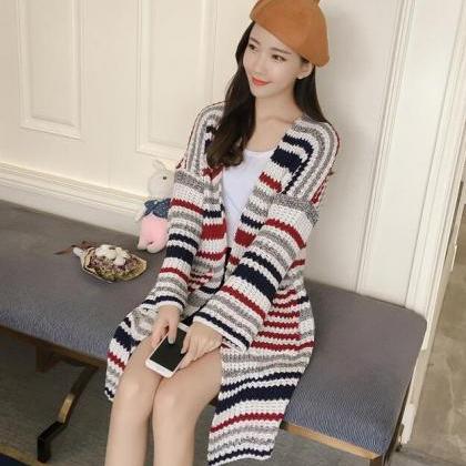 Stripe Knitted Long Cardigan - Red