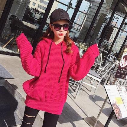 Red Knitted Hooded Oversized Sweater