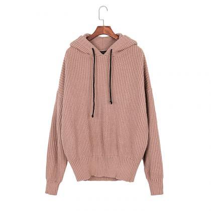 Khaki Knitted Hooded Long Cuffed Sleeves Sweater