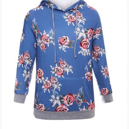 Women Casual Flower Print Hooded Shirts Floral..