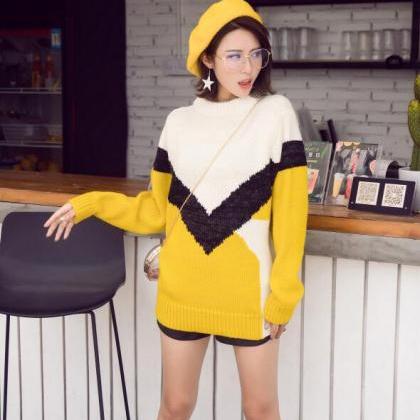 Yellow Loose Pullover Sweater Autumn Women Knitted..