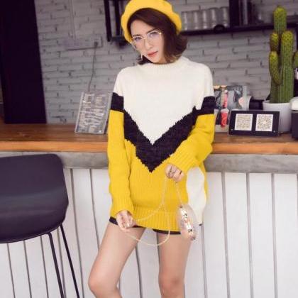 Yellow Loose Pullover Sweater Autumn Women Knitted..