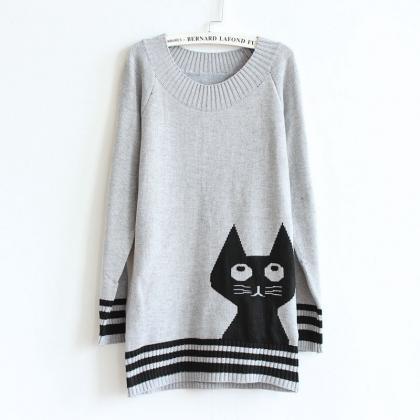 Cute Cat Pattern Long Sleeve Grey Pullovers..