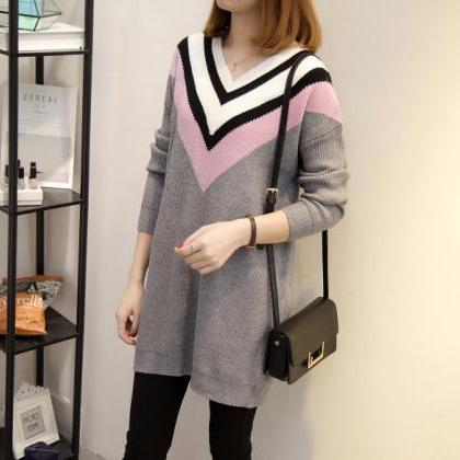 Women Long Patchwork Loose Sweater Pullover Tops