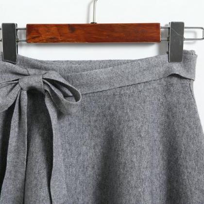 High Waist Solid Bow A Line Skirt - Grey