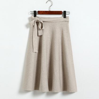 High Waist Solid Bow A Line Skirt - Beige