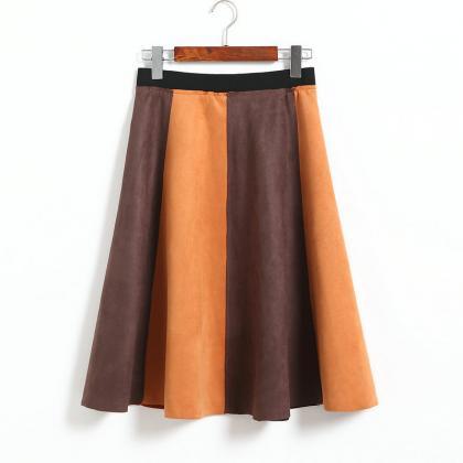 Retro Patchwork High Waisted A-line Skirt - Khaki