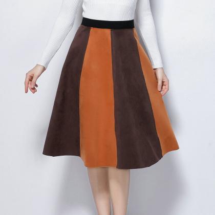 Retro Patchwork High Waisted A-line Skirt - Khaki