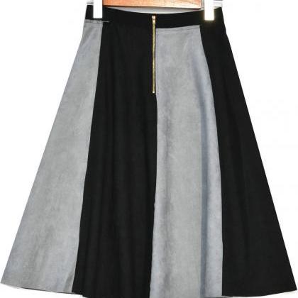 Retro Patchwork High Waisted A-line Skirt - Black