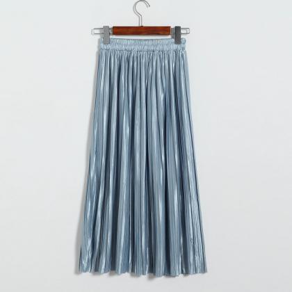 Long Autumn Women Solid Pleated Skirt - Light Blue