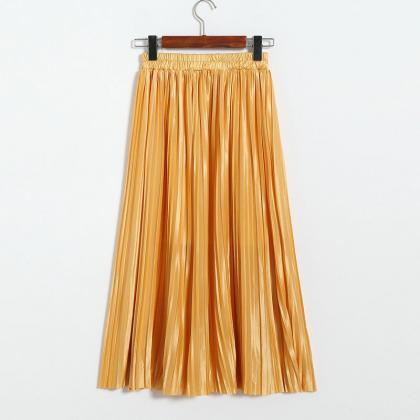 Long Autumn Women Solid Pleated Skirt - Yellow