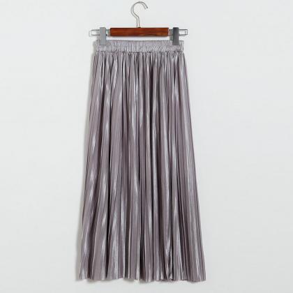 Long Autumn Women Solid Pleated Skirt - Grey