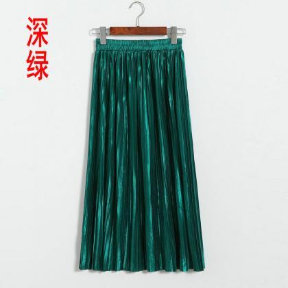 Long Autumn Women Solid Pleated Skirt - Green