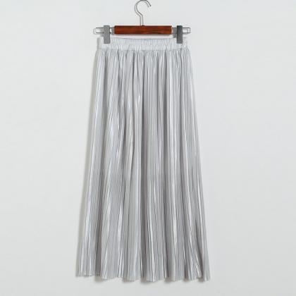 Long Autumn Women Solid Pleated Skirt - Silver