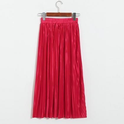 Long Autumn Women Solid Pleated Skirt - Red