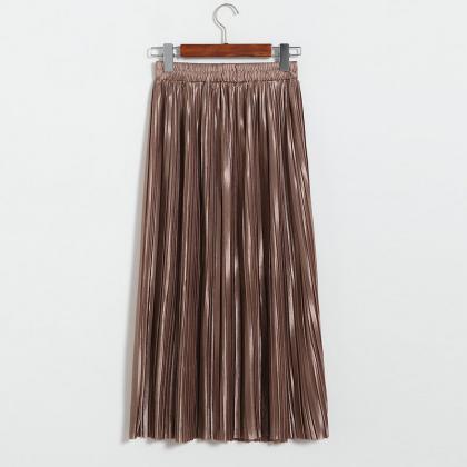 Long Autumn Women Solid Pleated Skirt - Coffee