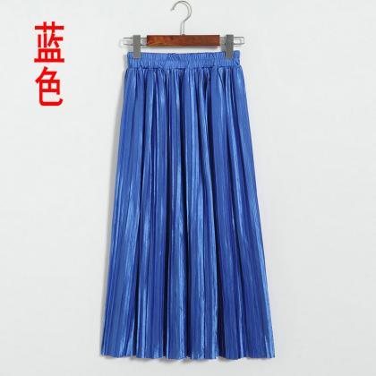 Long Autumn Women Solid Pleated Skirt - Blue