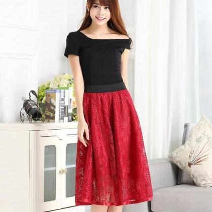 Hollow Lace A Line Skirt - Red
