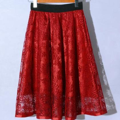 Hollow Lace A Line Skirt - Red