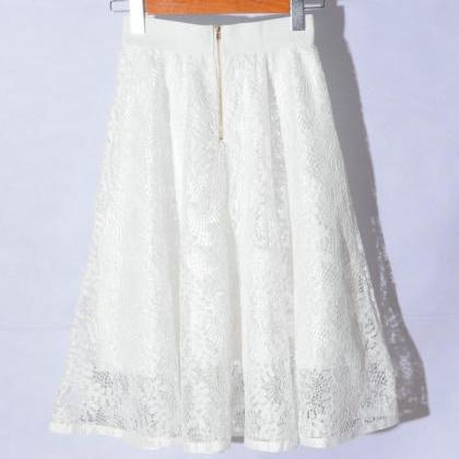Hollow Lace A Line Skirt - White
