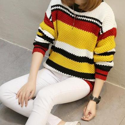 Striped Knitted Round Neck Sweater - Yellow