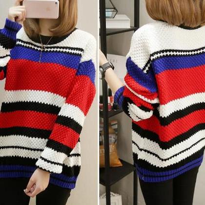 Striped Knitted Round Neck Sweater - Red