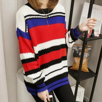 Striped Knitted Round Neck Sweater - Red