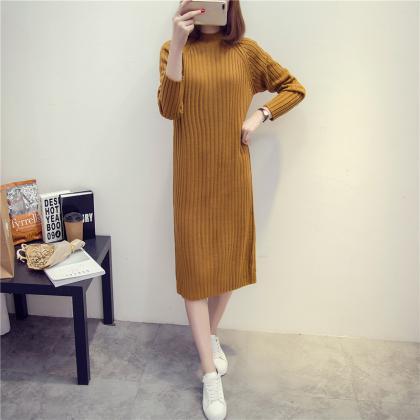 Style Long Knitted Sweater Dress - Khaki