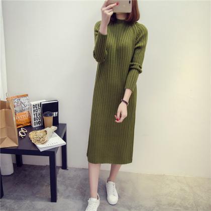 Style Long Knitted Sweater Dress - Green