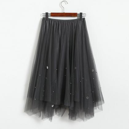 Elegant Beading High Waist Skirt - Grey