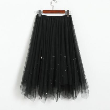 Elegant Beading High Waist Skirt - Black