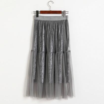 Fashion Women Casual Gauze A Line Skirt - Grey