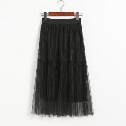 Fashion Women Casual Gauze A Line Skirt - Black