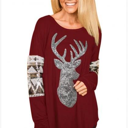 Cute Sequins Christmas Deer Design Red Long Sleeve..