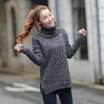 Turtleneck Knitted Pullover Sweater - Black