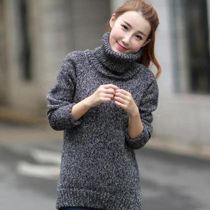 Turtleneck Knitted Pullover Sweater - Black