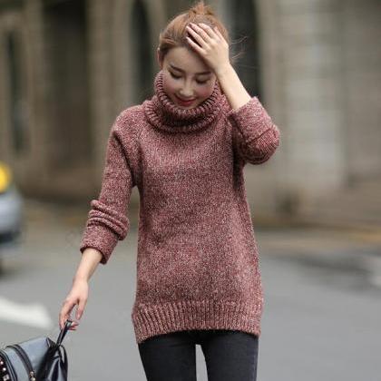 Turtleneck Knitted Pullover Sweater - Red