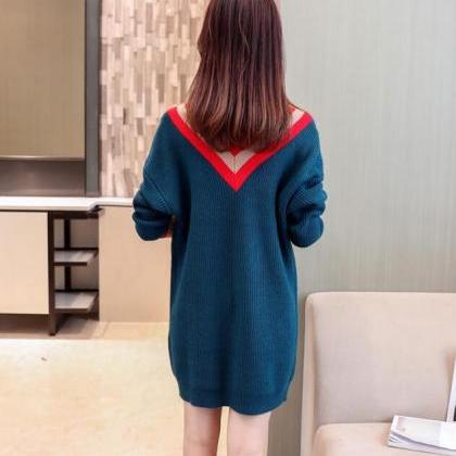 V Neck Knitted Pullover Long Sweater
