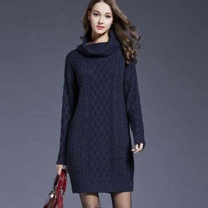 Navy Blue Cable Knitted Turtleneck Long Cuffed..