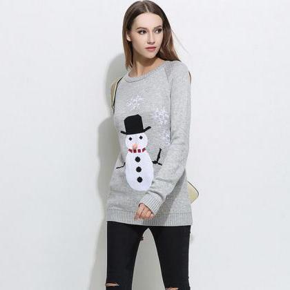 Cute Snowman Christmas Knitted Sweater - Grey