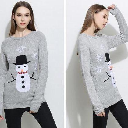 Cute Snowman Christmas Knitted Sweater - Grey