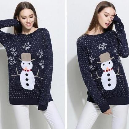 Cute Snowman Christmas Knitted Sweater - Navy Blue